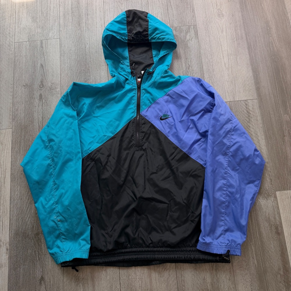 Vintage Nike Mens L Colorblock Windbreaker Anorak Hoodie Teal Purple Black